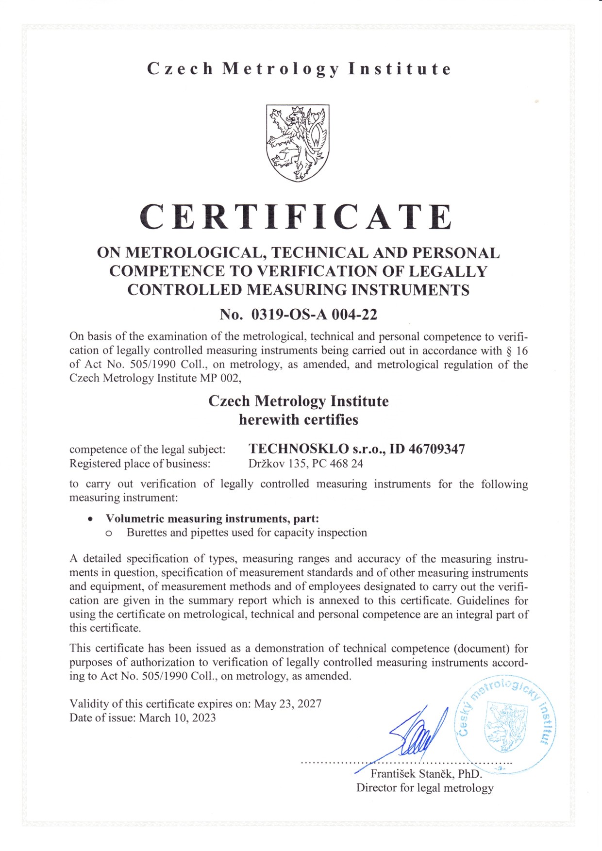 Certificate to verification of legally controlled measuring instruments