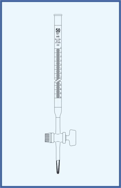 Burettes straight form, QUALICOLOR - with straight stopcock - glass key, with Schellbach stripe, class AS