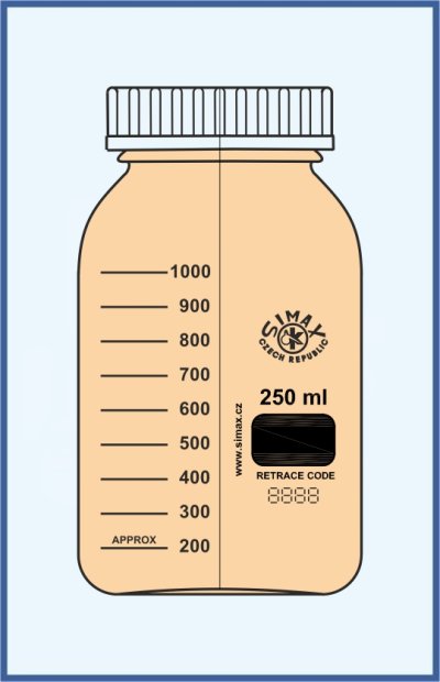 Reagenční lahev dle DIN - hranatá, s modrým uzávěrem odolným do 140°C - závit GL 80 - hnědé sklo