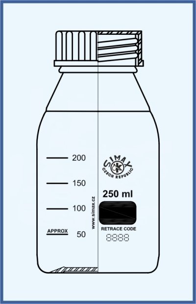 Reagenční lahev dle DIN - s modrým uzávěrem odolným do 140°C - závit GL 45 - čiré sklo