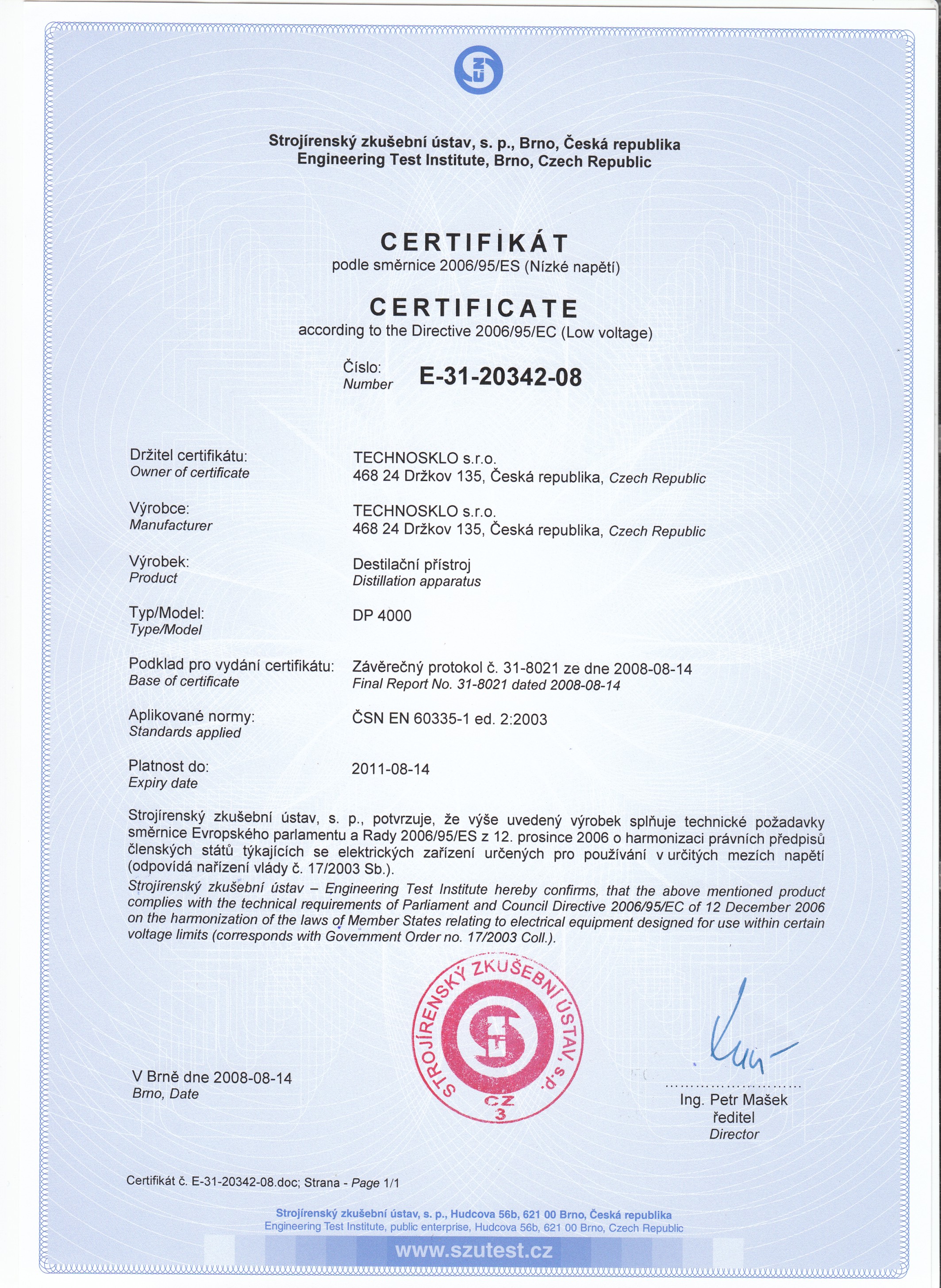 Certificat according the Directive 2006/95/EC